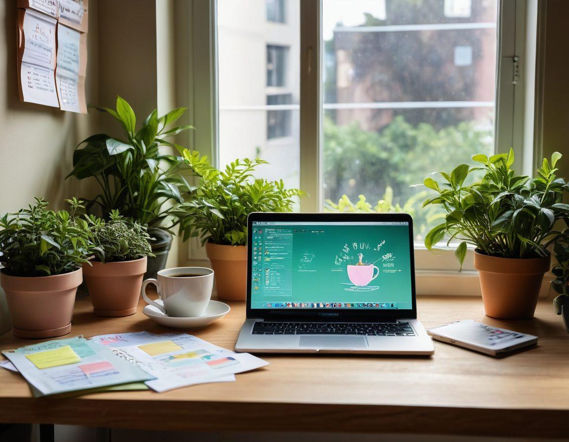 A serene workspace with a laptop open to a motivational website, surrounded by plants and inspiring quotes on sticky notes. A cup of tea sits nearby, and sunlight streams in through a window, casting soft shadows. Include a digital representation of growth charts and social media icons subtly integrated into the background. pastel colors. natural lighting. cozy atmosphere.