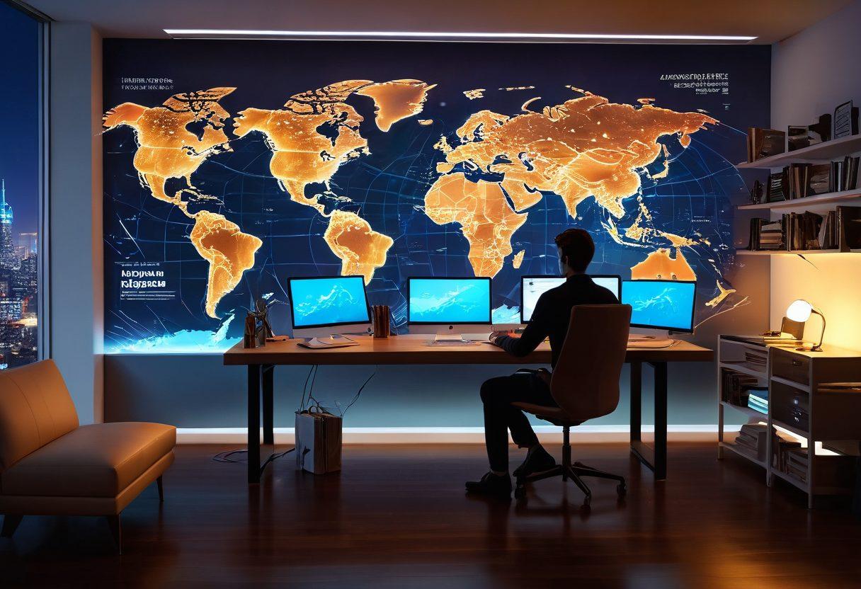 A vibrant scene depicting a person sitting at a stylish desk, surrounded by high-tech gadgets, books on personal growth, and a digital world map glowing on the wall. The atmosphere should convey a sense of exploration and innovation, with soft light illuminating the workspace. Incorporate elements like futuristic cityscapes visible through a window, symbolizing lifestyle and tech trends. super-realistic. vibrant colors. 3D.